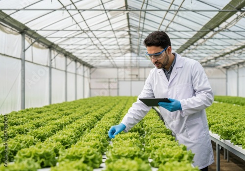 Scientist examining lettuce growth