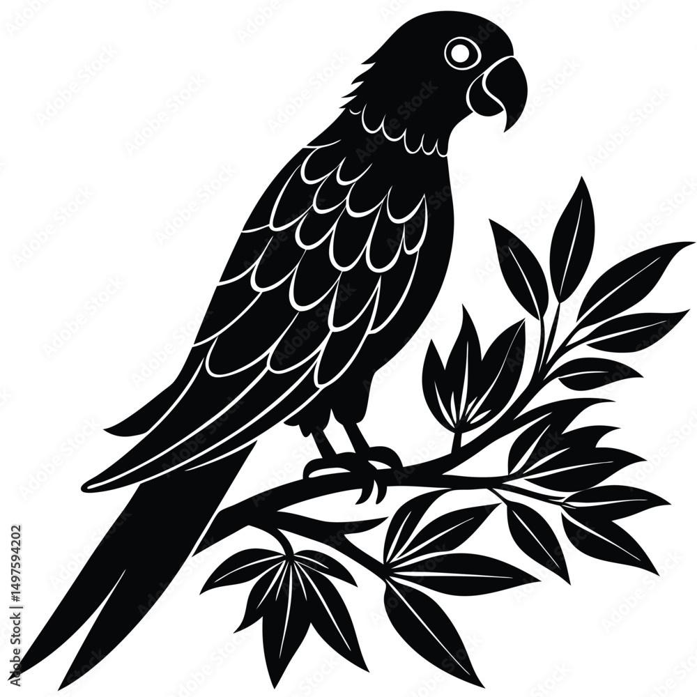 Elegant Black and White Parrot Silhouette on Branch Elegant Black and White Parrot Silhouette on Branch