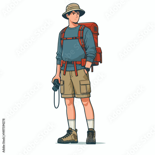 a person preparing to climb a mountain with full clothing and equipment