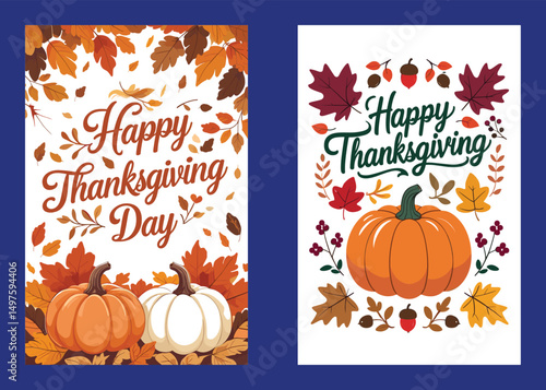 Happy Thanksgiving Day With Pumpkins And Autumn Leaves Card Templates