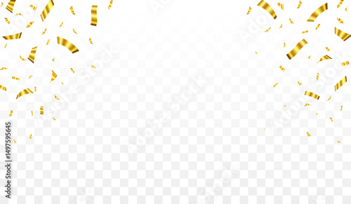 Gold confetti isolated on transparent background, celebration party background design with gold confetti, Falling shiny golden confetti isolated. Bright festive tinsel of gold color. Holiday, birthday