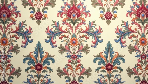 Intricate floral damask pattern in muted tones, leaf, muted