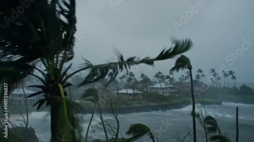 Palm Trees Blowing in Hurricane Gale Force Winds Coastal Stormy Weather