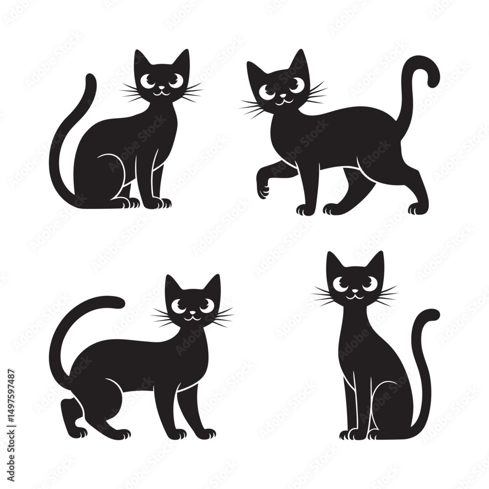 Obraz premium Black Cat Silhouette Vector Set on White Background