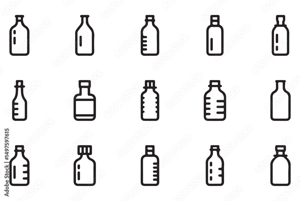 Set of simple line-drawn bottle icons, representing various shapes and sizes, ideal for packaging design, beverages, and product illustrations. Set of simple line-drawn bottle icons, representing various shapes and sizes, ideal for packaging design, beverages, and product illustrations.