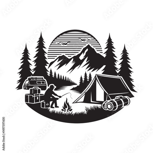 camping silhouette vector tent mountains illustration