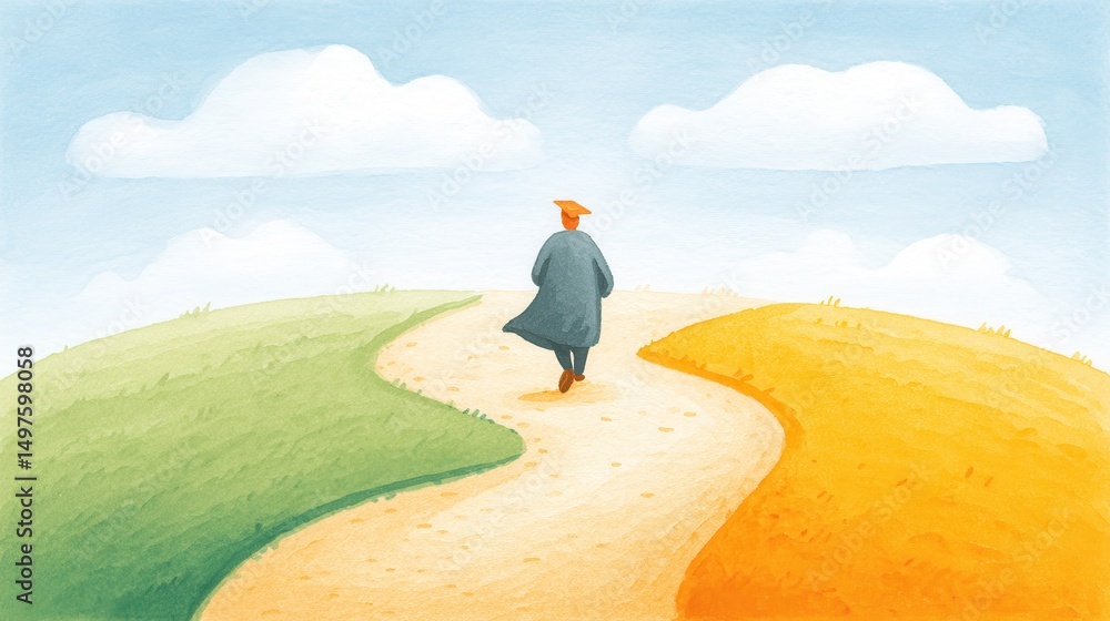 Obraz premium A person walks along a winding path surrounded by vibrant green and yellow hills under a bright blue sky. The contrasting colors symbolize choices and journeys in life.