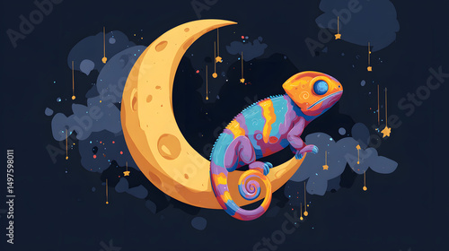 Moon Baby Cartoon Character Chameleon, Cute Sleeping chameleon on Crescent Moon, Adorable Nighttime Illustration for Nursery Art, Baby Shower Card, Kids Room Decoration, Dreamy Wall Print Design