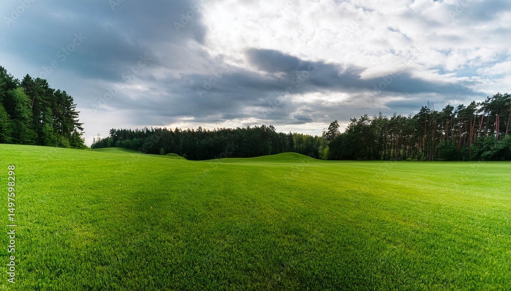 green field surrounded by trees on a cloudy day cloudy sky blurred background high quality photo green field surrounded by trees on a cloudy day cloudy sky blurred background high quality photo