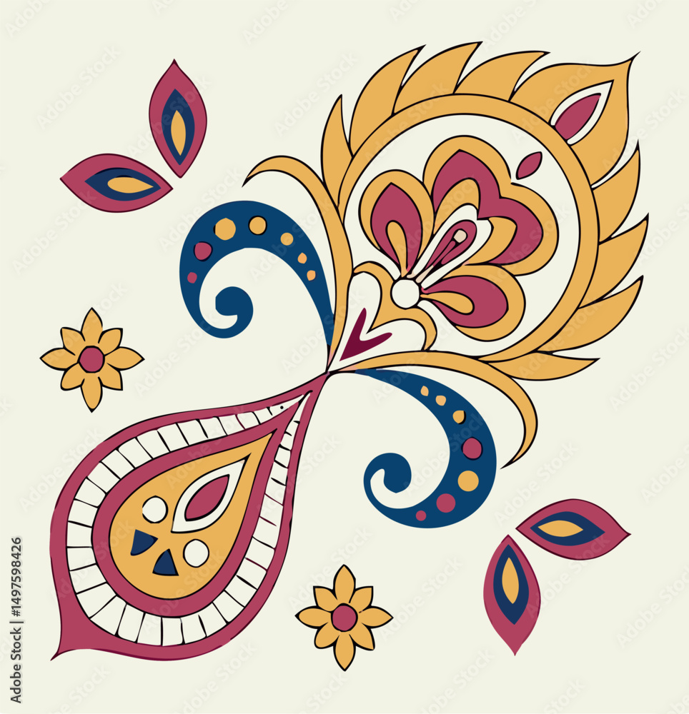 Obraz premium This ornate paisley-inspired design features flowing curves, floral motifs, and vibrant hues of gold, maroon, navy, and ivory. A large teardrop shape anchors the composition, while petals, spirals