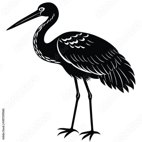 Elegant Black and White Heron Illustration  A Striking Bird Silhouette Graphic
