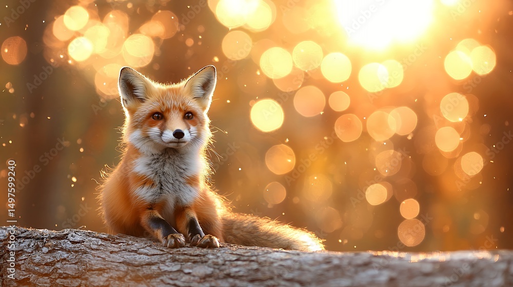 Fototapeta premium Fox Resting on Log in Golden Light