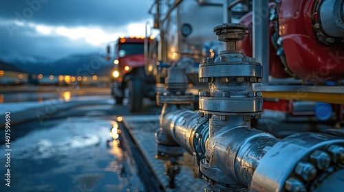 Fuel tanker truck, pipeline valves, industrial facility, dusk, energy transfer