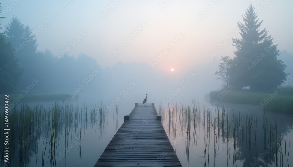 Naklejka premium Heron on Dock at Sunrise Lake Fog