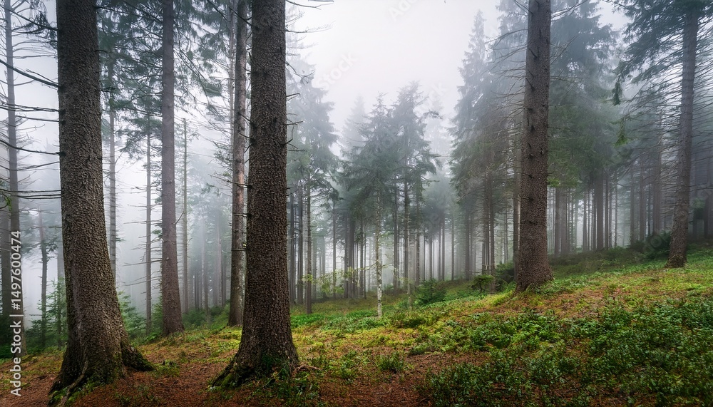 trunks of old pine trees in a foggy forest in zakopane in rainy weather trunks of old pine trees in a foggy forest in zakopane in rainy weather
