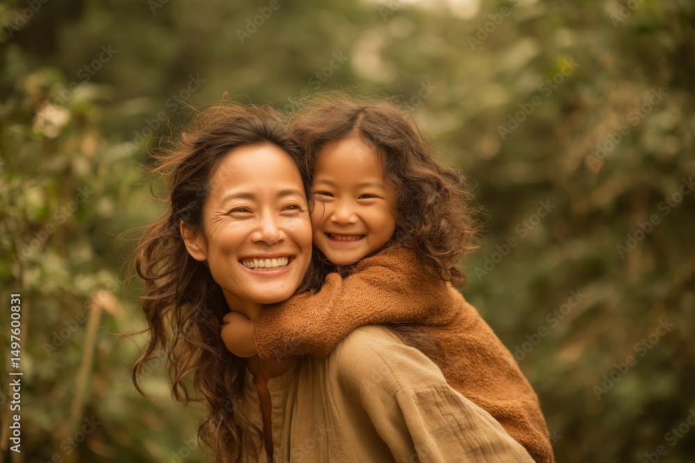 Fototapeta premium Happy American mother having fun with her daughter outdoor - Family people and love concept - Focus on mum face 