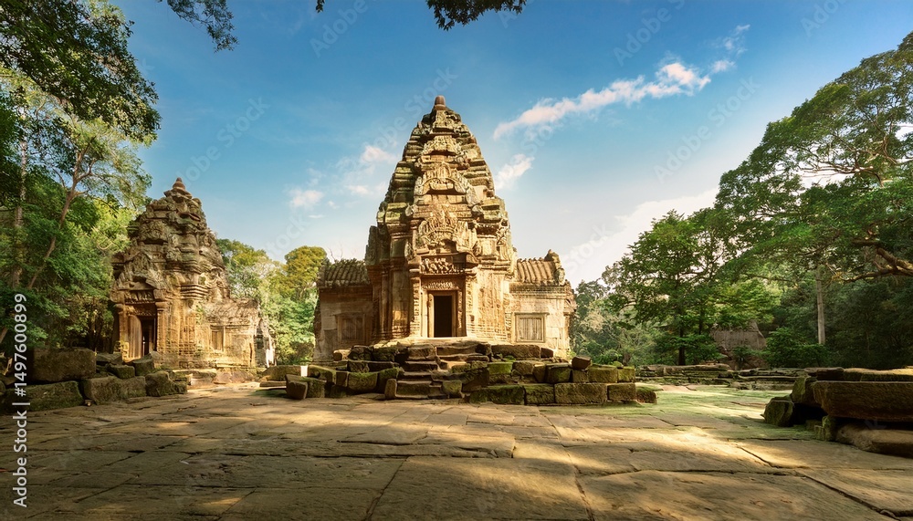 Naklejka premium sandstone temple complex with ancient architectural details surrounded by lush vegetation soft natural light