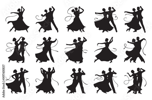  Set of dance silhouettes with ribbon, showcasing elegant movement and rhythm, perfect for events, celebrations, and creative projects related to dance, ballet, and performance.