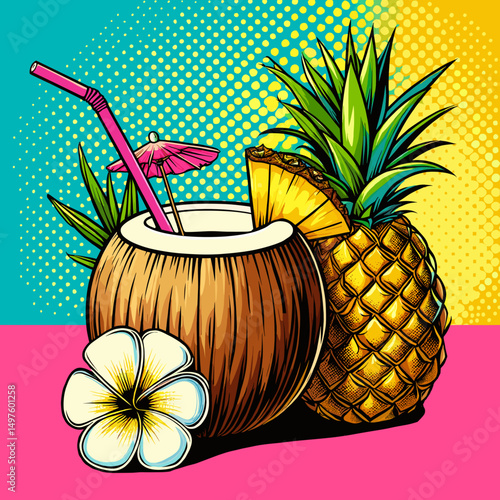 Cocktail in coconut vector in bright retro Pop Art style