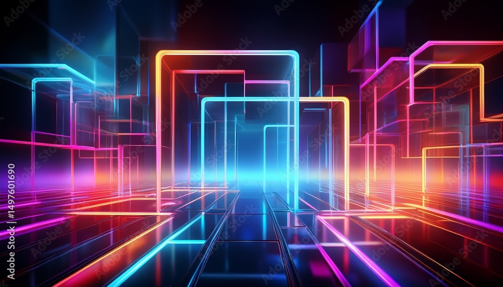 abstract neon squares rectangles reflect on dark surface generative ai art modern generative abstract neon squares rectangles reflect on dark surface generative ai art modern generative