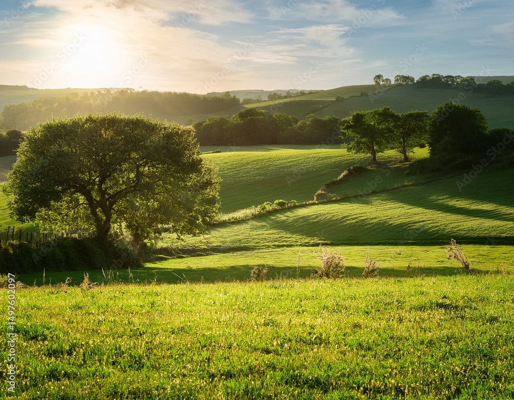Obraz premium tranquil countryside landscape with lush greenery and sunlit field