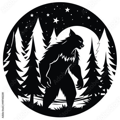 Bigfoot Silhouette in Moonlight Forest Cryptid Illustration