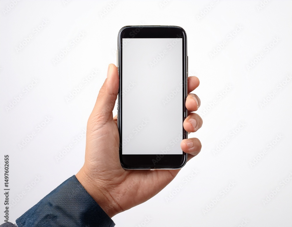 hand holding a blank screen smartphone against white background display hand holding a blank screen smartphone against white background display