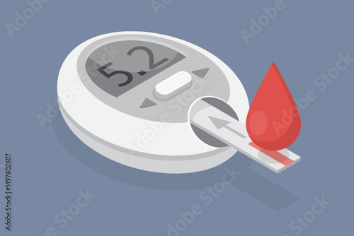 Blood sugar diabetes monitoring concept. Glucometer icon. Blood glucose meter. 3d flat isometric vector illustration. Eps 10
