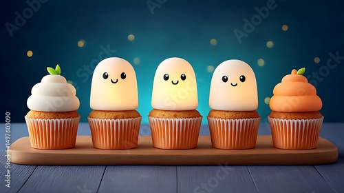 Ghost cupcakes with white fondant and glowing candy eyes 