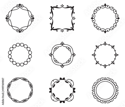 Set of decorative circular frames with intricate designs, perfect for invitations, certificates, or creative projects needing elegant and ornamental borders.