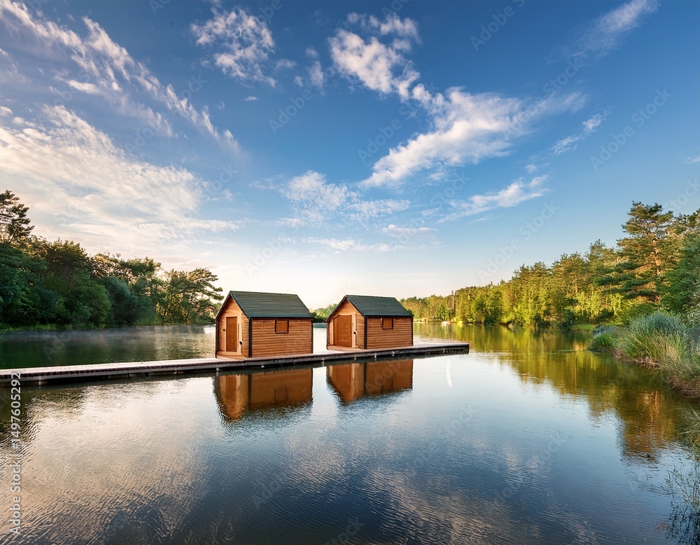 Obraz premium unique eco friendly cabins in serene nature by tranquil water