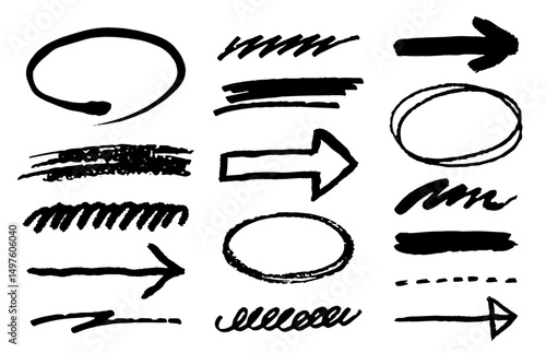 手描きの楕円、矢印、線のセット。落書き風の装飾。図形のベクターイラスト。