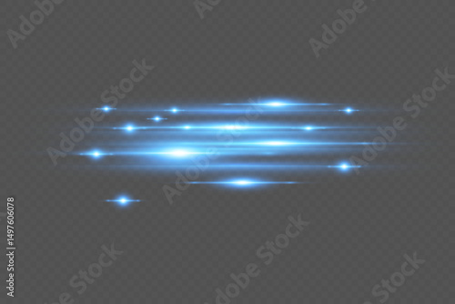 Blue glowing lines with glitter effect and flash of light. On transparent background