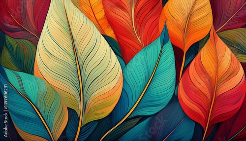 Wallpaper Mural vibrant stylized leaf shapes in diverse hues form an abstract botanical pattern print stand up Torontodigital.ca