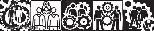 vector Icons depicting teamwork and collaboration. The icons show silhouetted people with gear elements, conveying integration.