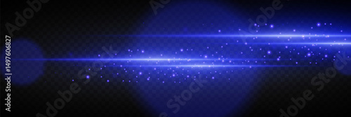 Blue strip of light with sparkles and highlights. On a transparent background