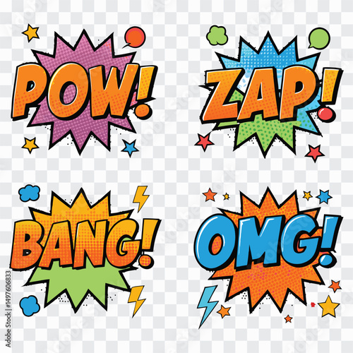 Pop Art Expressions Icon PNG | POW, ZAP, OMG, BANG, OUCH, WOW Comic Speech Bubble Set