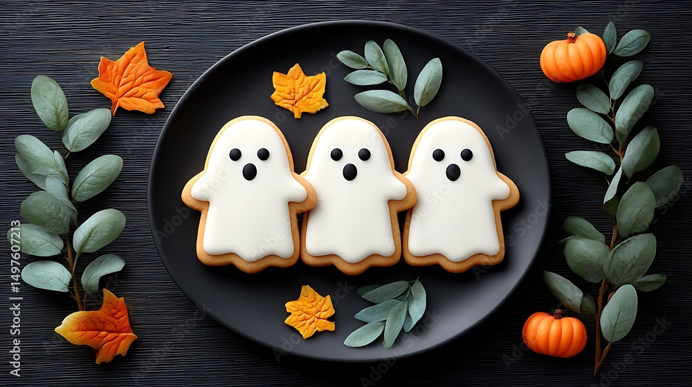 Obraz premium Ghost-shaped sugar cookies with white icing and black candy eyes