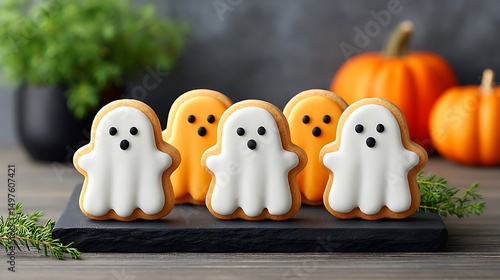 Ghost-shaped sugar cookies with white icing and black candy eyes, styled on black slate plate, spooky kitchen scene 