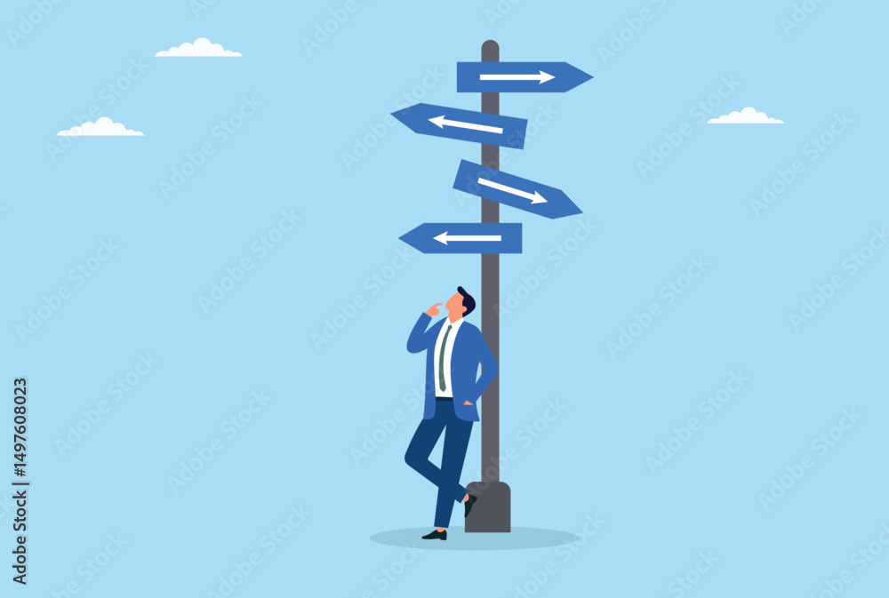 The vector illustration shows a businessman standing at an intersection under a multi-directional road sign, contemplating choosing the right path between uncertainty and opportunity
The vector illustration shows a businessman standing at an intersection under a multi-directional road sign, contemplating choosing the right path between uncertainty and opportunity