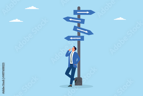 The vector illustration shows a businessman standing at an intersection under a multi-directional road sign, contemplating choosing the right path between uncertainty and opportunity
