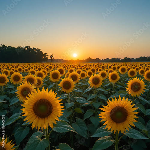 Wallpaper Mural Beautiful bright yellow sunflower field at sunset, a stunning summer nature landscape Torontodigital.ca