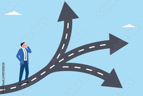 Vector illustration of a businessman standing in front of numerous different paths, symbolizing critical decision making
