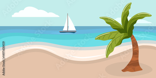 Landscape of relax tropical sandy beach. Calm coast of the sea, ocean. Sunny sea bays. Horizontal natural landscape with palm, yacht and clouds. Flat style landscape. Holiday on paradise island.