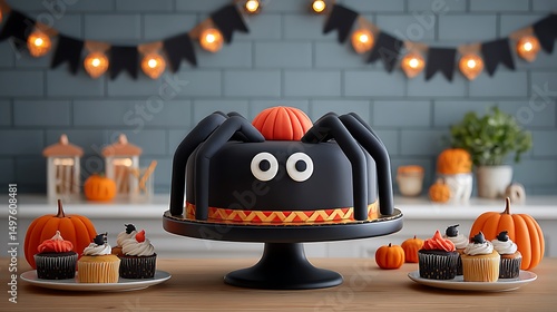 Giant spider cake with black icing legs, red candy eyes, displayed on decorated Halloween party table 