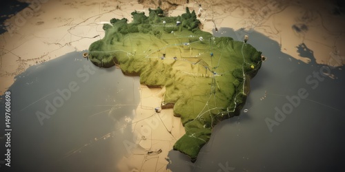 Stylized Brazil map; flowing circular network depicts national cohesion , cartography, flow, design
