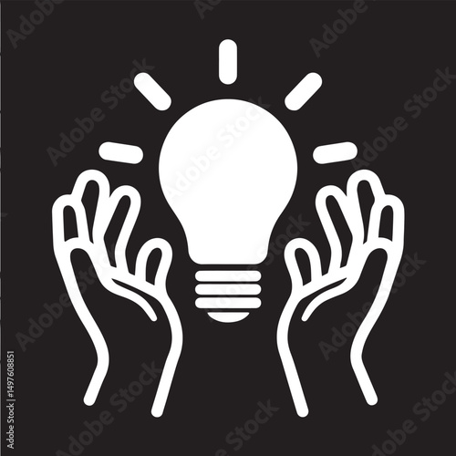 A vector glowing light bulb is held gently by two hands against a black background, symbolizing an idea or inspiration.