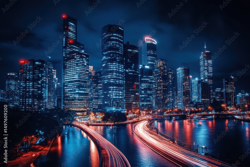 Fototapeta premium Cityscape at night with glowing skyline and light trails reflecting on water. Use this for urban development, finance, or modern technology concepts.