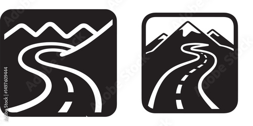 Two minimalist black and white icons vector depicting winding roads through mountainous landscapes, suitable for navigation or travel themes.