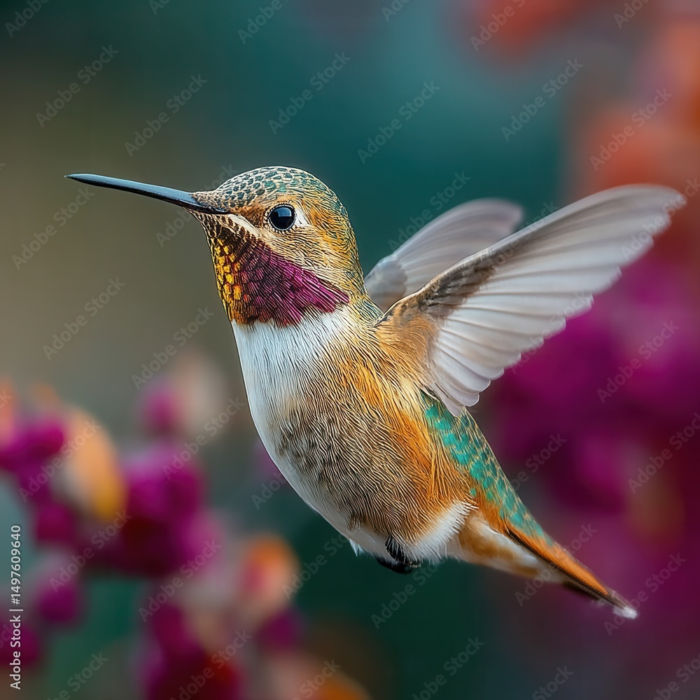 Obraz premium Hummingbird zoomed-in face drinking with delicate wing blur, floral mist behind, soft background motion blur on wings